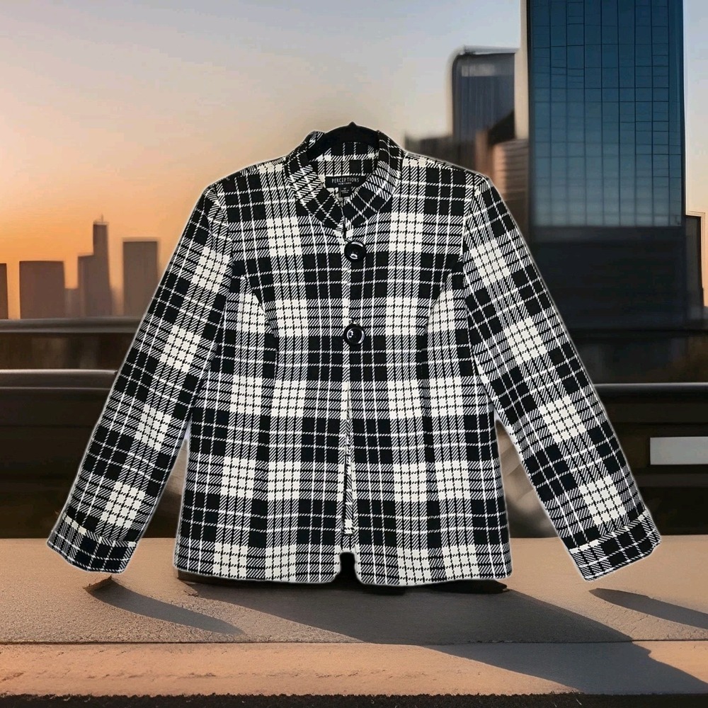 PERCEPTIONS NEW YORK black & white plaid JACKET SZ 12 Career woman LIGHTWEIGHT